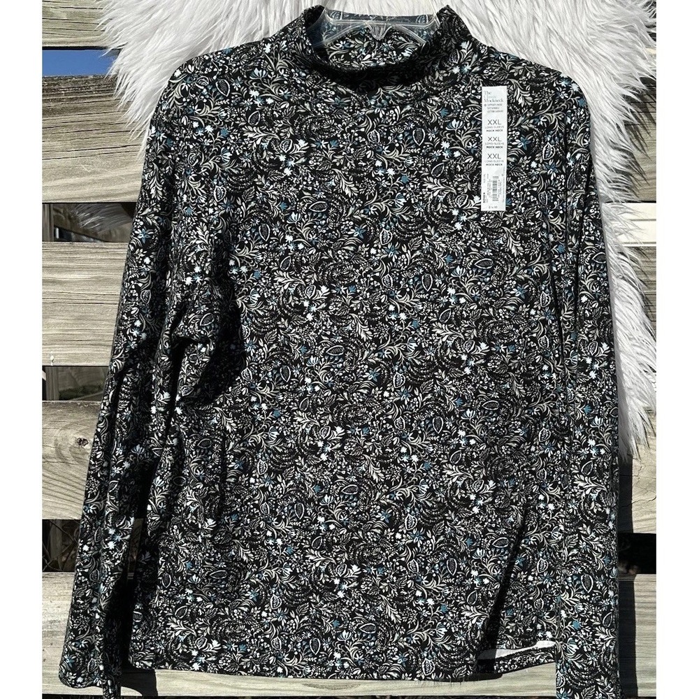 CROFT & BARROW The Classic Mock Neck Top Womens XXL Black Green Teal Stretch NWT